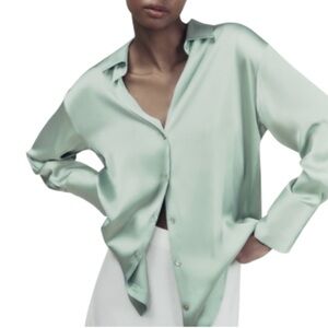 ZARA Mint Green Satin Effect V-Neck Long Sleeve Button Up Shirt Blouse Size M